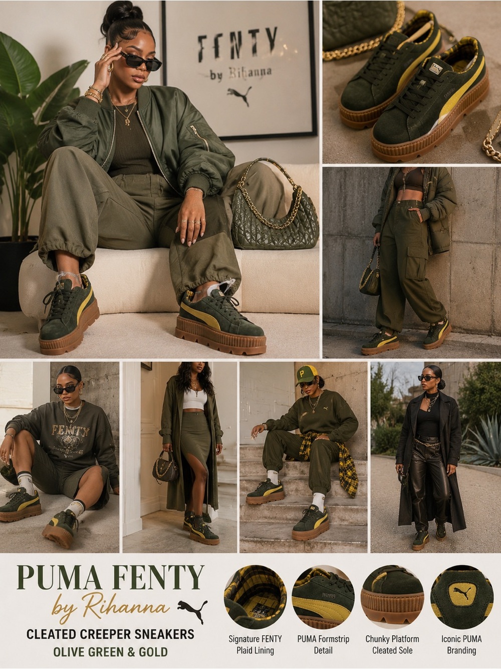 🌿 PUMA FENTY by Rihanna Cleated Creeper Olive Gold Suede Platform Sneakers✨